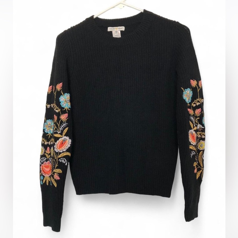 Woven Heart Black Crewneck Sweater with Colorful Floral Sleeve Embroidery